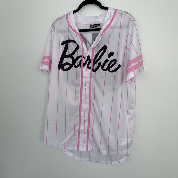 Barbie Tops - Barbie white pink black stripe jersey top size large brand new with tags